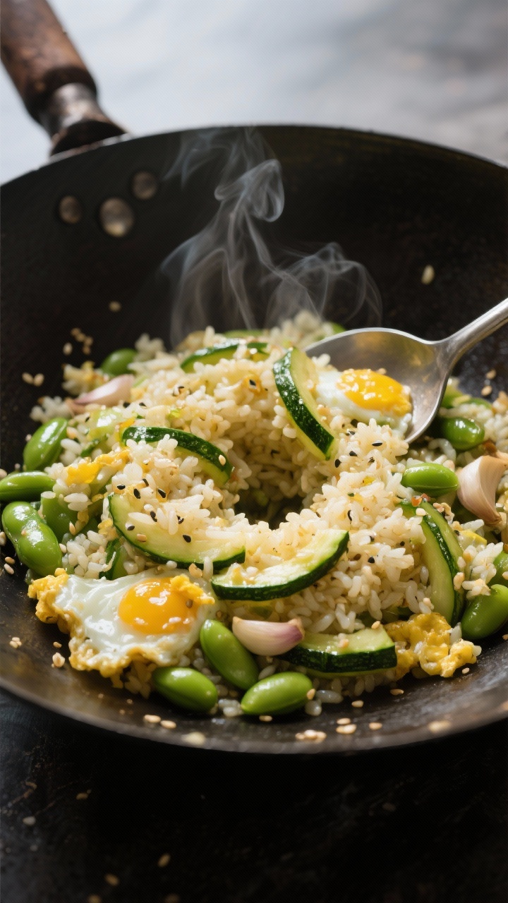 Ingredient-forward wok close-up: Garlicky zucchini “rice” stir-fry with egg and edamame in a carbon-steel wok, finely riced zucchini grains glistening with sesame and olive oil, streaks of scrambled egg ribbons, bright green edamame, aromatic steam with visible minced garlic and grated ginger; a spoon creating a well in the center to show texture; high-contrast lighting to emphasize freshness.