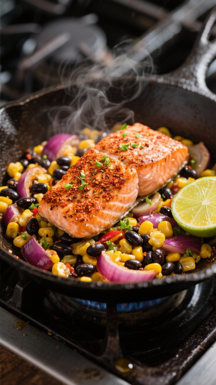 Ingredient-plus-pan action shot: Chili-Lime Salmon with Corn and Black Bean Skillet—seared salmon fillets rubbed with chili powder, cumin, and smoked paprika nestled atop a colorful sauté of sweet corn, black beans, and red onion; lime halves and zest nearby, a drizzle of olive oil catching the light; cast-iron pan on stovetop, steam wafting, bright, punchy colors suggesting zesty flavor.