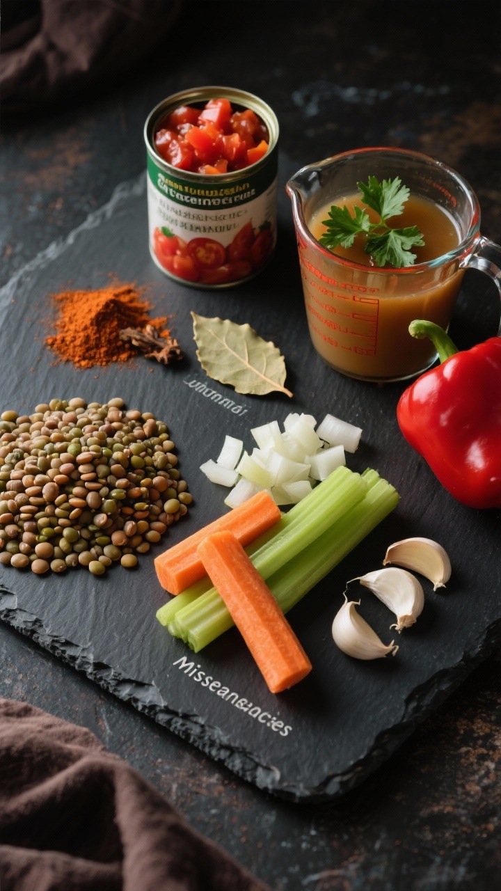 Ingredient prep flat lay for cozy smoky lentil and veggie stew on a dark slate board: dry brown/green lentils in a small mound, diced onion, carrots, celery, minced garlic, red bell pepper, an open can of diced tomatoes, smoked paprika, bay leaves, and low-sodium vegetable broth in a glass measuring cup; a sprig of parsley for garnish; labeled mise en place feel, moody side light emphasizing textures.
