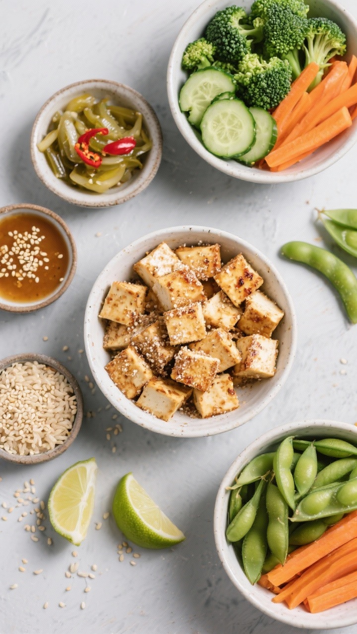 Ingredient-prep flat lay for sesame-ginger tofu power bowls: extra-firm tofu cubes lightly coated in cornstarch ready for searing, small bowls of sesame-ginger sauce, cooked brown rice, quick pickled cucumbers with red pepper flakes, steamed broccoli and carrots, and edamame; sesame seeds and lime wedges scattered; clean slate background, sharp textures and glossy highlights, no people.