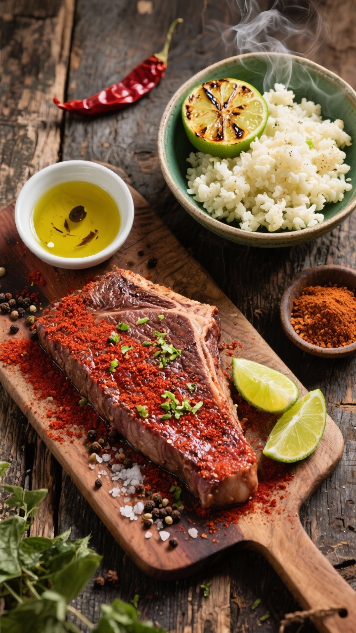 Ingredient prep flat lay: marinated flank steak on a board coated with chipotle chili powder, cumin, lime zest and juice, kosher salt, and black pepper, with a small bowl of olive oil. Next to it, a steaming bowl of fluffy riced cauliflower, charred lime halves, and a pinch bowl of spices. Overhead composition on a weathered wooden table, bold, smoky color palette emphasizing red chipotle and green lime.