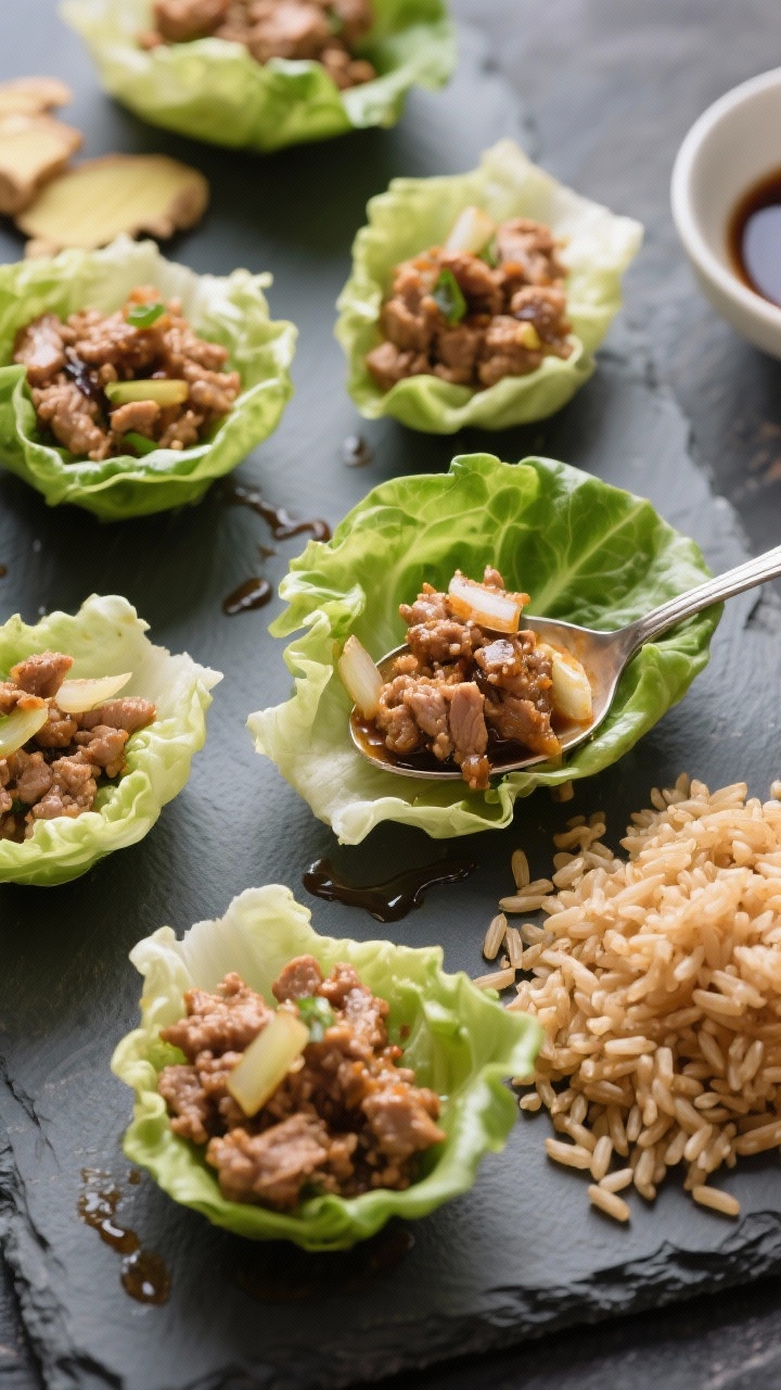 Ingredient-to-assembly 45-degree shot: Ginger-turkey lettuce cups arranged on a slate board; spoonfuls of savory ground turkey sautéed with onion, fresh grated ginger, garlic, low-sodium soy sauce/tamari, and rice vinegar tucked into crisp butter lettuce leaves; warm brown rice served on the side and sprinkled into some cups; minimal garnish, glossy sauce sheen, fresh and light weeknight energy.