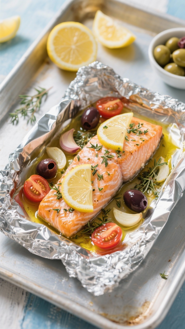 Ingredient-to-final foil packet, 3/4 overhead: open Mediterranean foil packet revealing salmon portion topped with lemon slices, cherry tomato halves, Kalamata olives, thin garlic slices, dried oregano, and a drizzle of olive oil. Juices sizzling in the foil, herbs speckled on top. Set on a baking tray with extra lemon rounds and a small bowl of olives nearby. Bright, coastal vibe, clean and vibrant colors.