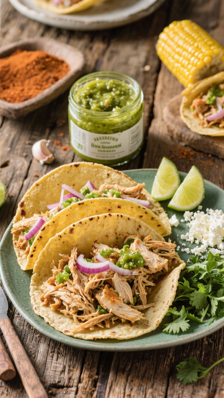 Ingredient-to-taco assembly scene, overhead flat lay: pulled Salsa Verde Chicken (from breasts/thighs) tossed with a bright 16-oz jar salsa verde, ground cumin, chili powder, thinly sliced onion, and minced garlic; warm corn tortillas, lime wedges, cilantro, and crumbled cotija on the side; vibrant green salsa sheen and juicy shreds, rustic wooden table, casual taco-night vibe.