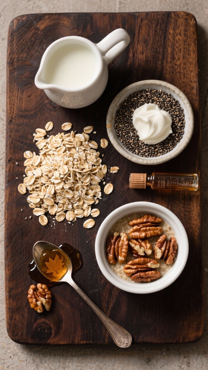 Ingredients-focused overhead flat lay for maple walnut oats: rolled oats, unsweetened almond milk in a small pitcher, nonfat Greek yogurt dollop, chia seeds in a pinch bowl, pure maple syrup in a glass vial, optional maple extract, and a ramekin of toasted walnut pieces. Arrange on a dark wood board to emphasize warm, cozy tones. A tiny maple syrup drip on a spoon for gloss, crisp, organized composition.