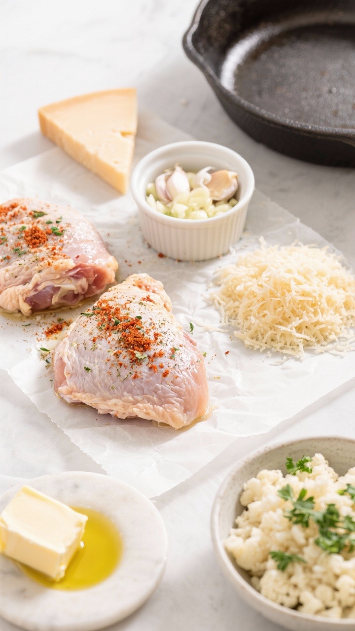 Ingredients prep flat lay: raw boneless chicken thighs patted dry on parchment, sprinkled with Italian seasoning and paprika; a ramekin of minced garlic, a mound of grated Parmesan, and portions of butter and olive oil ready to melt. Include a bowl of cauliflower rice flecked with parsley in the corner, plus a preheated skillet, conveying the garlicky, cheesy pan-sear to come. Bright, clean lighting for a crisp, savory mood.