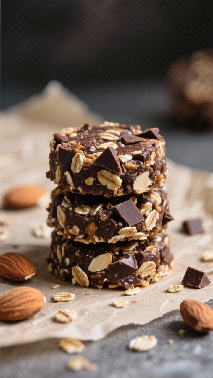 Macro close-up of no-bake dark chocolate almond oat bites stacked on parchment: visible old-fashioned rolled oats bound with almond butter and honey, studded with chopped dark chocolate and chopped almonds. A few scattered chocolate pieces and almond fragments around, glossy yet textured surface, natural light highlighting the nubbly texture, minimal rustic backdrop.