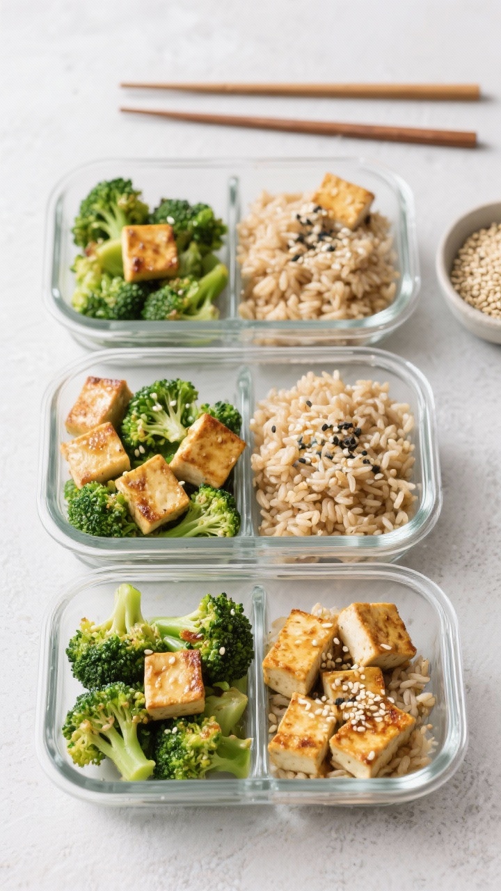 Meal-prep flat lay of sesame tofu and broccoli boxes: extra-firm tofu cubes pan-seared in a touch of avocado oil until golden, tossed in a light sesame glaze; bright green broccoli florets roasted until just tender; each compartment paired with a neat mound of cooked brown rice; sprinkled with sesame seeds, salt, and pepper; arranged as three open glass containers on a neutral surface with chopsticks and a small dish of sesame seeds, clean, modern, ready-for-the-week look.