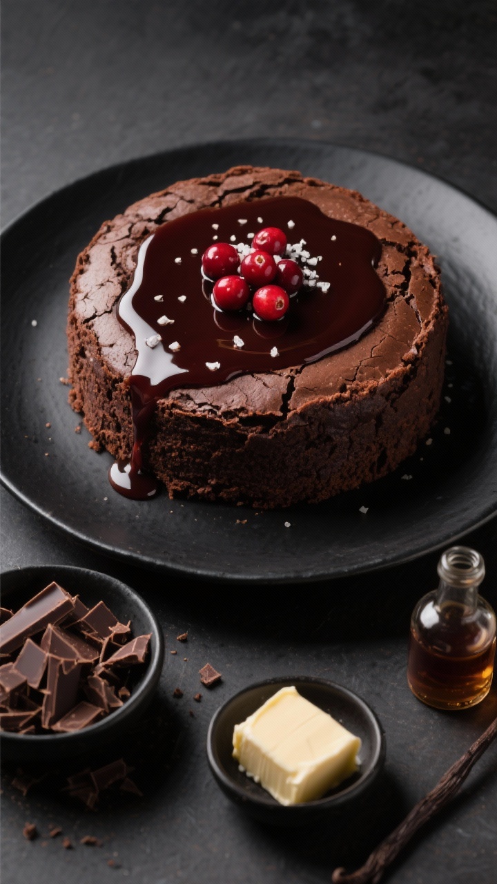 Minimalist overhead of a Flourless Chocolate Cake on a matte black plate, dense and crackly-topped with a mirror-like cranberry–Port glaze cascading over the center; garnished with a few fresh cranberries and a fine sea salt pinch; nearby props include a small bowl of chopped bittersweet chocolate, a pat of unsalted butter, and a vanilla extract vial; dramatic contrast lighting to highlight the glaze and the cake’s rich texture.