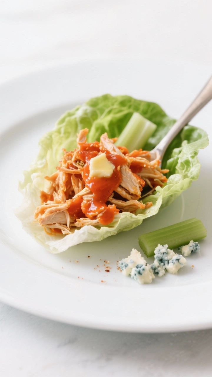 Minimalist plated final of Buffalo Chicken Lettuce Wraps: shredded buffalo chicken (breasts) tossed in Frank’s-style buffalo wing sauce, butter, garlic powder, onion powder, and a splash of low-sodium chicken broth; spooned into crisp romaine or butter lettuce cups with celery sticks and blue cheese crumbles nearby; 45-degree angle, vibrant orange-red sauce contrast, clean white plate.