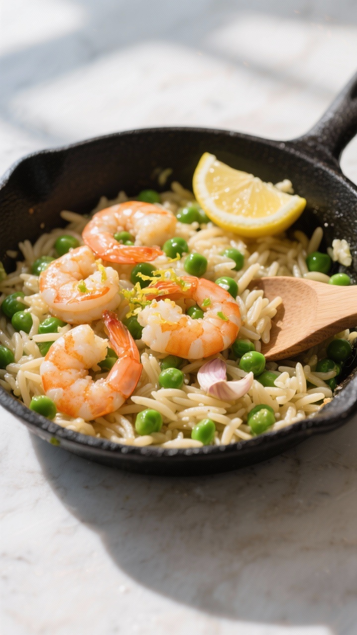 One-pan cooking scene at 45 degrees: lemon-garlic shrimp orzo with peas in a black sauté pan; large shrimp just turning opaque and curled, orzo plump and glossy, bright green peas scattered; lemon zest visible atop and a halved lemon nearby; hints of minced garlic and a light olive oil sheen; a wooden spoon resting on the pan rim; bright, fresh, coastal mood with natural daylight.