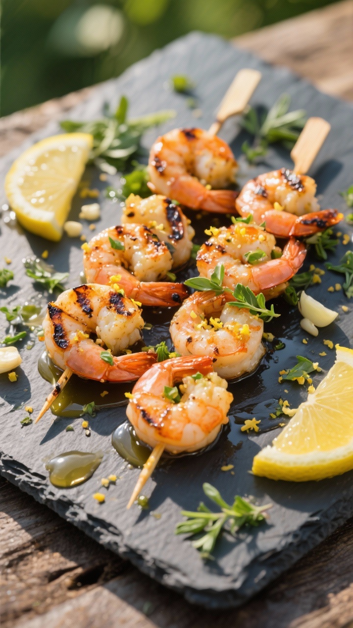 Outdoor grill-inspired plated presentation at 45 degrees: lemon-herb grilled shrimp skewers with char marks, brushed in olive oil, lemon zest and 2 tbsp lemon juice glaze, flecks of minced garlic and Dijon; served on a slate platter with extra lemon halves, scattered fresh herbs, and a light drizzle catching the light for five-star backyard vibes.