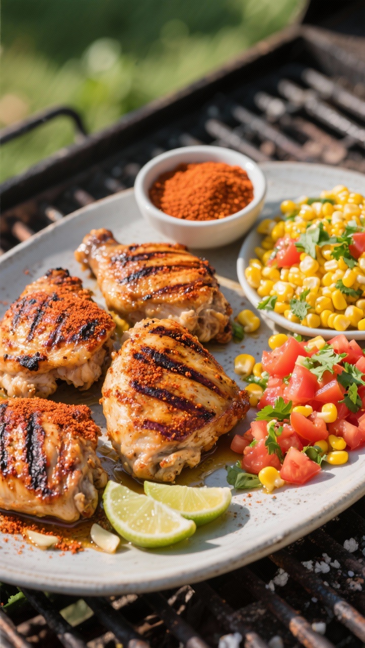 Outdoor-style 45-degree grill scene: smoky paprika grilled chicken thighs with defined grill marks, rubbed with a blend of smoked paprika, sweet paprika, garlic powder, onion powder, ground cumin, kosher salt, and olive oil. On a platter beside a bright corn-tomato salsa (yellow corn kernels, diced tomatoes, cilantro, lime). Sun-kissed, casual summer vibe; a small bowl of extra paprika rub in frame.
