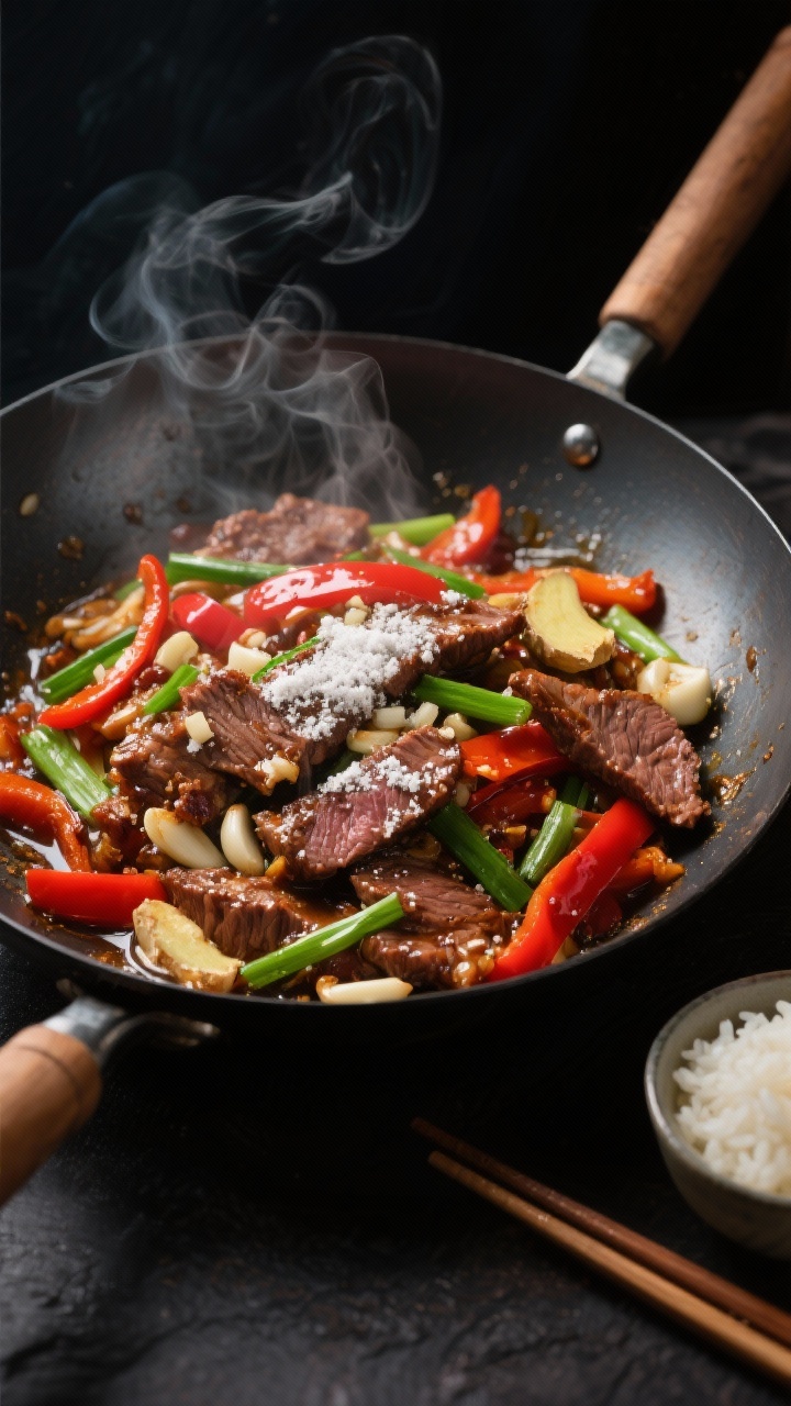 Overhead action shot of a sizzling garlic-ginger beef stir-fry in a carbon steel wok: thinly sliced flank steak dusted with cornstarch searing in neutral oil, minced garlic and fresh ginger blooming, thin red bell pepper strips and bright green scallions tossed through glossy sauce; high heat, visible steam, lacquered sheen on beef, moody dark background, chopsticks and a small bowl of jasmine rice off to the side.