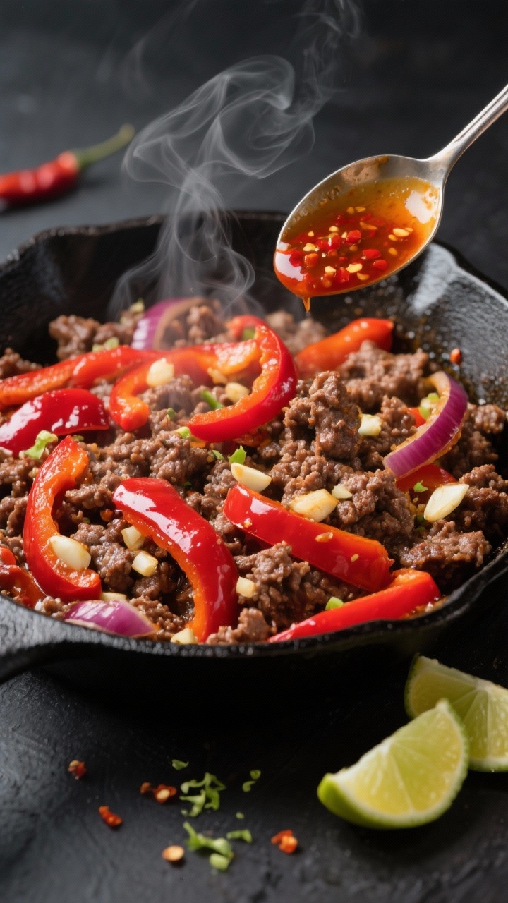 Overhead action shot of Chili-Garlic Skillet Beef: lean ground beef seared in a black cast-iron skillet with glossy sliced red bell peppers and thin red onion ribbons, minced garlic sizzling, a spoonful of chili-garlic sauce melting into the beef, fresh lime halves and wedges on the side ready to squeeze, a light sheen of neutral oil, steam rising, garnished with lime zest and a few chili flakes, styled on a dark matte surface for vibrancy.