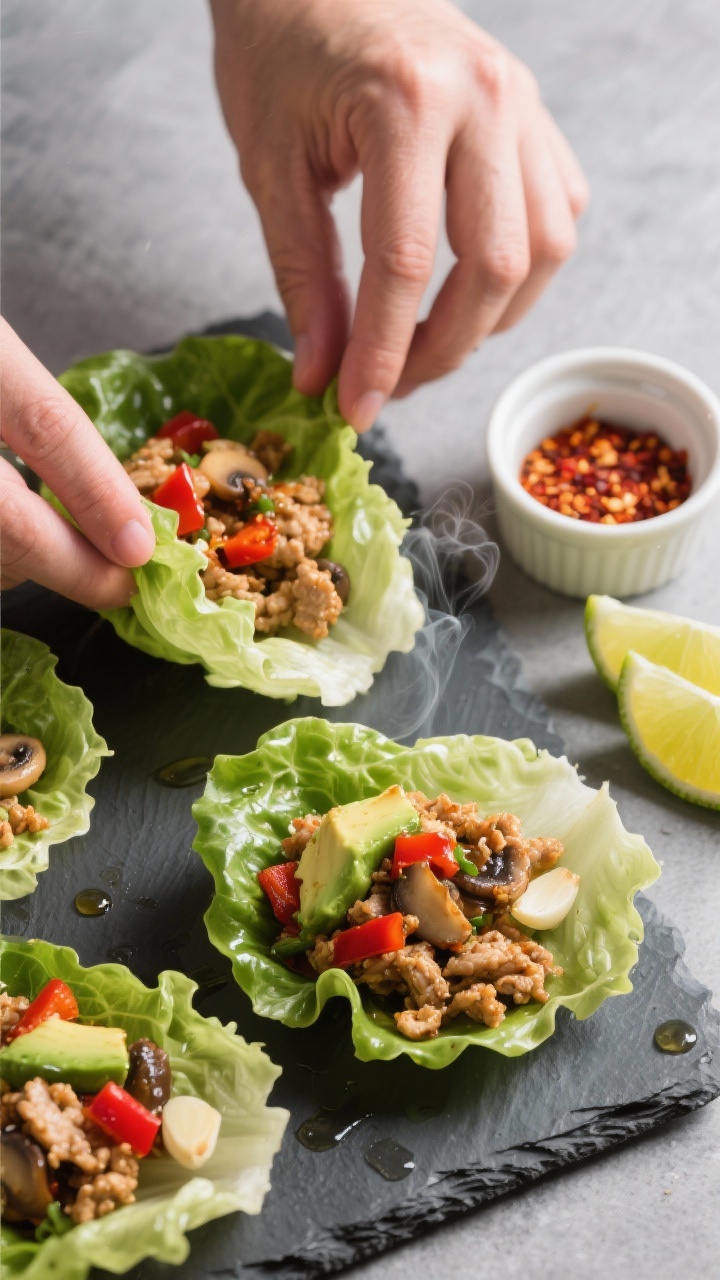 Overhead action shot of spicy ginger chicken lettuce cups being assembled: glossy butter lettuce leaves arranged on a matte slate, filled with sautéed 93% lean ground chicken glistening with avocado oil, minced garlic and freshly grated ginger, finely diced red bell pepper and chopped mushrooms visible in the mix; a small ramekin of chili flakes and lime wedges on the side; bright, punchy colors, slight steam rising, clean modern styling, no people.