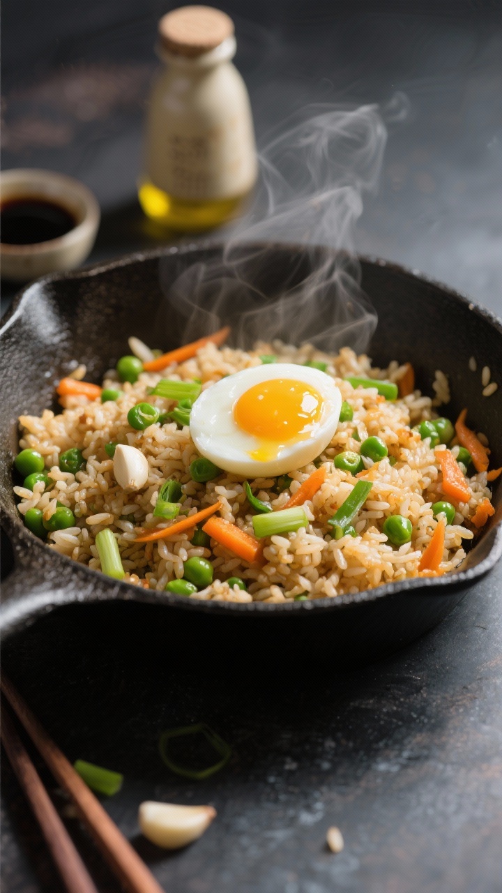 Overhead action shot of Ten-Minute Veggie Fried Rice in a carbon-steel skillet: glossy grains of day-old rice stir-fried with peas and carrots, thinly sliced scallions, and minced garlic; a jammy soft-boiled egg halved on top with runny yolk pooling; neutral oil bottle nearby, steam rising, soy-sauce sheen implied, vibrant colors popping against a dark pan.