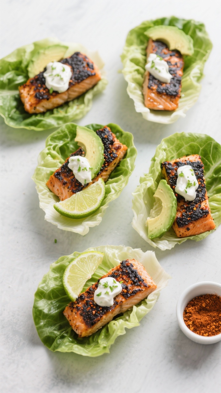 Overhead assembly scene: blackened salmon lettuce wraps—deeply spiced salmon (blackened/Cajun seasoning) flaked into butter lettuce cups. Avocado-lime crema (avocado, Greek yogurt, lime juice and zest) drizzled on top, extra lime wedges and a small ramekin of spice rub at the corner. Bright, fresh greens, charred edges on fish, crisp textures, clean slate background for contrast.