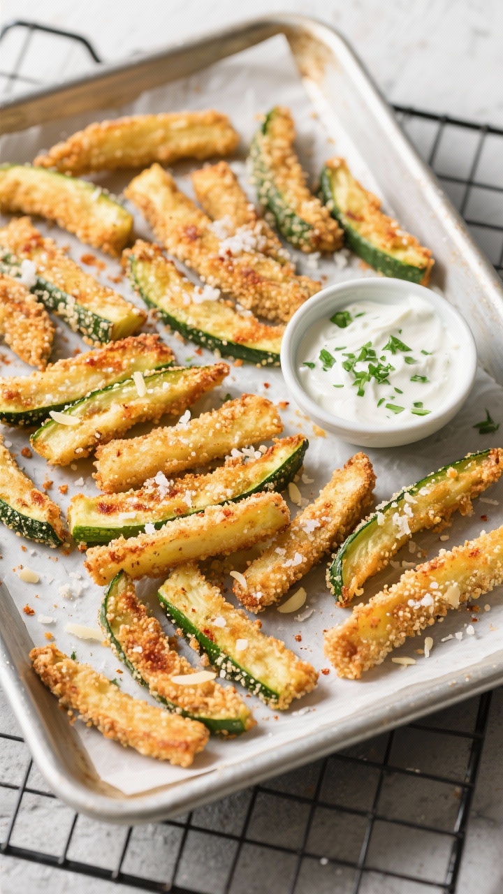Overhead baking tray of crispy baked zucchini fries: evenly cut fry-shaped zucchini sticks coated in panko and finely grated Parmesan with specks of garlic powder and smoked paprika, baked to golden crisp; sprinkled with flaky salt; alongside a small bowl of herby yogurt dip flecked with green herbs; parchment-lined sheet pan on a wire rack, bright, crunchy, high-contrast lighting to emphasize texture.