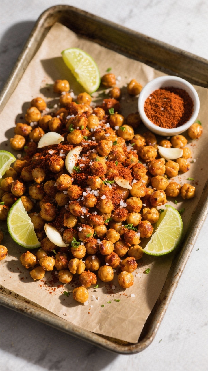 Overhead baking-tray scene of Smoky Paprika Air-Fryer Chickpeas with garlic-lime dust: a parchment-lined tray piled with crackly, deep-golden chickpeas from a 15 oz can, coated in smoked paprika and sea salt, then finished with finely grated garlic-lime zest dust; scattered lime wedges and a tiny bowl of extra spice mix, dramatic shadows to emphasize crunch.