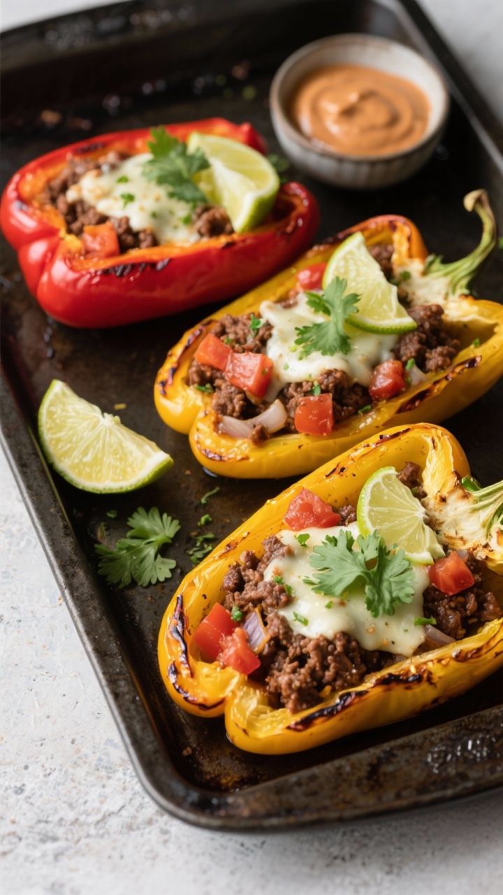 Overhead baking tray shot of chipotle-lime beef stuffed peppers: halved red and yellow bell peppers filled with smoky chipotle-spiced ground beef, diced tomatoes, and onions, topped with a light layer of melted Monterey jack; lime zest sprinkle, fresh cilantro leaves, and a lime wedge on each pepper; roasted blistered edges visible; dark sheet pan contrasts with vibrant peppers, small bowl of chipotle crema nearby.