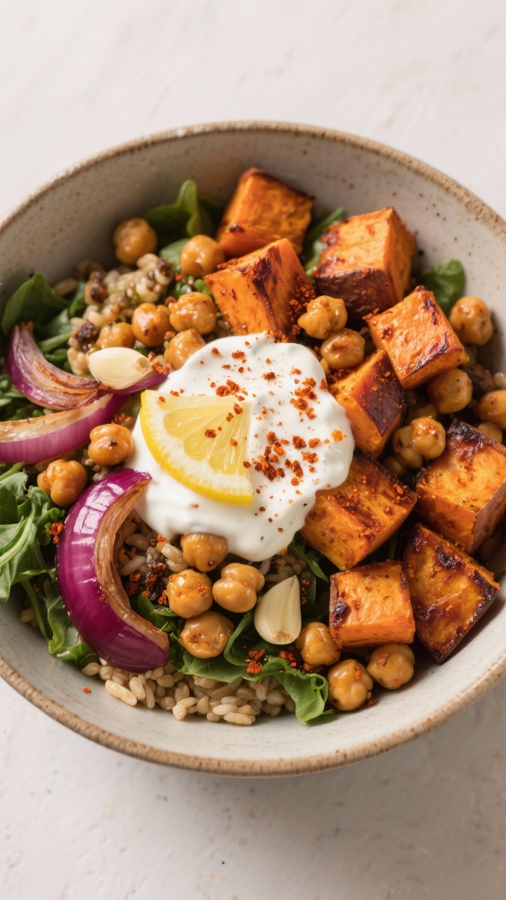 Overhead bowl assembly of smoky chickpea and sweet potato power bowls: roasted sweet potato cubes with caramelized edges, crispy chickpeas dusted with smoked paprika, ground cumin, and garlic powder, roasted red onion petals, all nestled over a base of greens and grains; generous drizzle of tangy yogurt sauce with lemon and a sprinkle of paprika; warm, earthy color palette on a stoneware bowl, props minimal to spotlight the roasted textures.