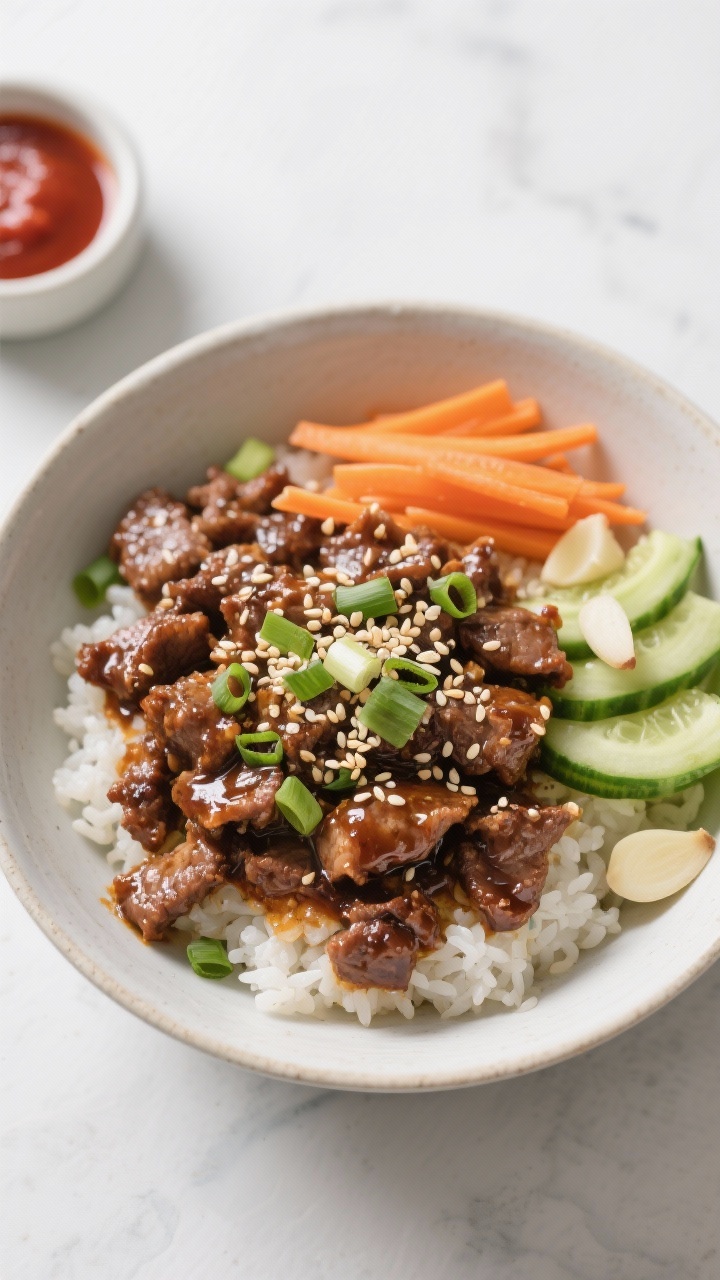 Overhead bowl composition of Korean-Style Beef Bulgogi: glossy ground beef lacquered with sesame oil, low-sodium soy sauce, brown sugar, grated pear, minced garlic and ginger; served over warm rice with quick-pickled carrots, sliced cucumber, and a generous scatter of scallions and toasted sesame seeds; a small dish of gochujang on the side, vibrant and neatly styled with clean lines.