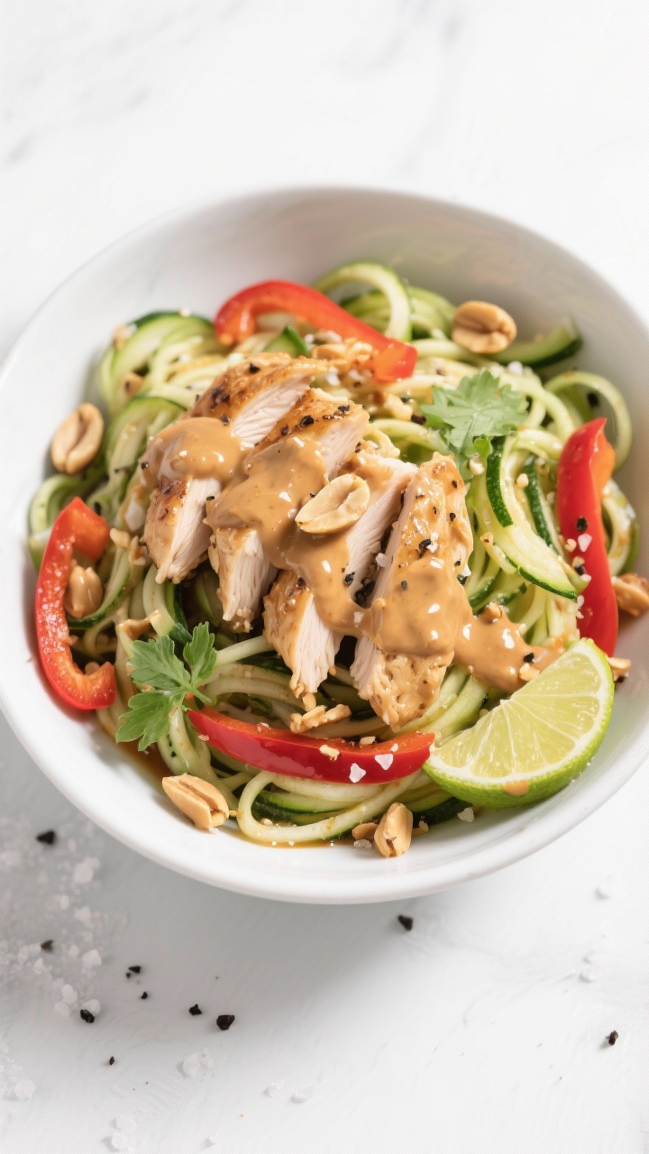 Overhead bowl composition: Thai-inspired peanut chicken zoodle bowl. Thinly sliced chicken sautéed until lightly browned, nestled on a bed of vibrant zucchini noodles. Red bell pepper strips and fresh herbs scattered, glossy peanut sauce pooled and drizzled over. Garnished with crushed peanuts and lime wedges, a sprinkle of black pepper and kosher salt. Bright, fresh, contemporary styling on a white tabletop.
