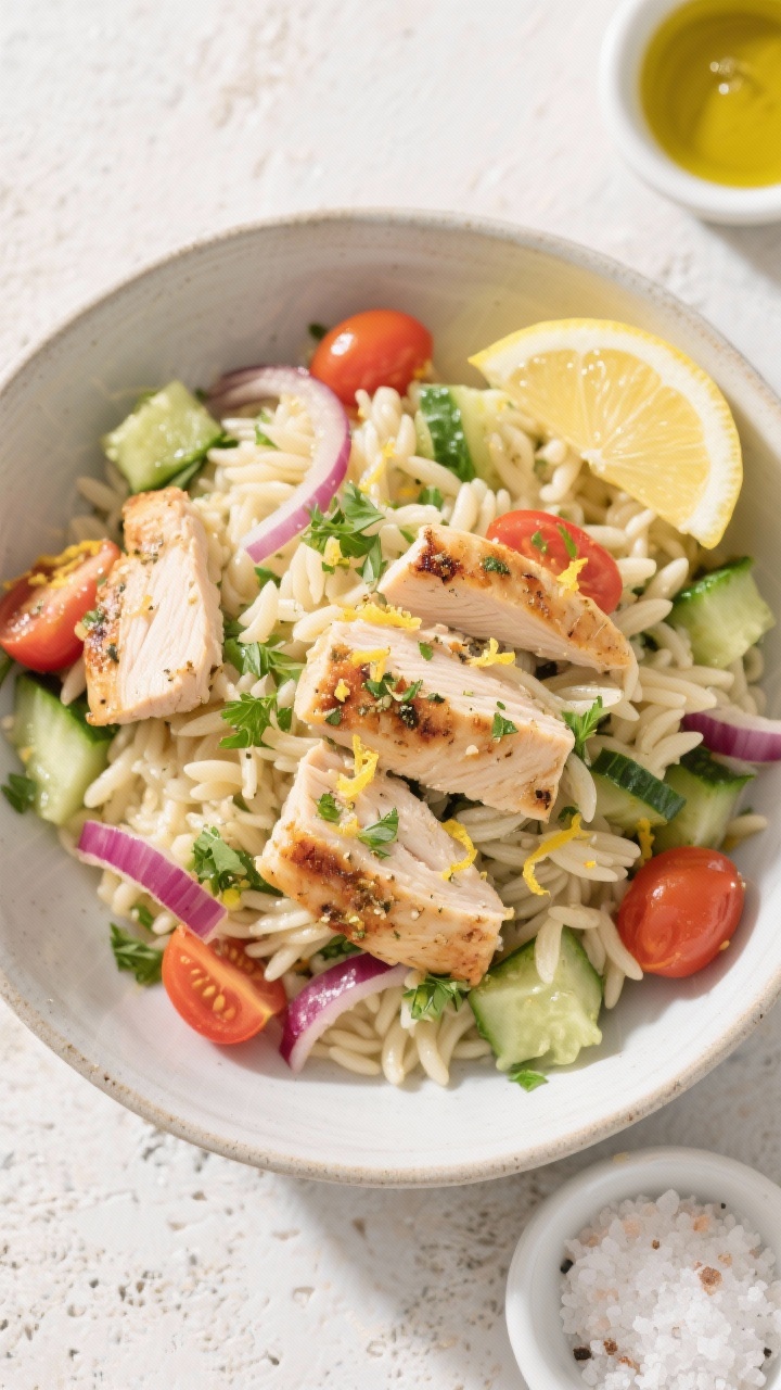 Overhead bowl of lemon-herb chicken orzo salad: tender orzo tossed with diced grilled chicken breasts seasoned with olive oil, dried Italian seasoning, garlic powder, salt and pepper; studded with crunchy veg (diced cucumber, cherry tomatoes, red onion), bright pops of lemon zest and fresh parsley; a lemon wedge and a light olive oil sheen; presented in a wide shallow bowl on a pale stone surface with a small ramekin of flaky salt, crisp daylight for a Mediterranean vibe.