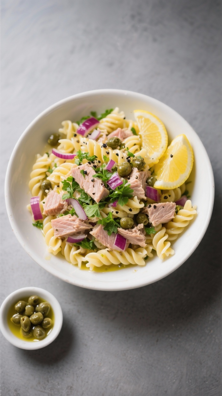 Overhead bowl of lemon-tuna pasta salad: short pasta (fusilli) tossed with high-quality tuna in olive oil, capers, finely chopped red onion, heaps of chopped parsley, and a bright lemony dressing; garnished with lemon wedges and cracked black pepper; presented in a wide white ceramic bowl with a small side dish of extra capers and a drizzle of olive oil, colors pop against a cool gray background, briny and fresh vibe.