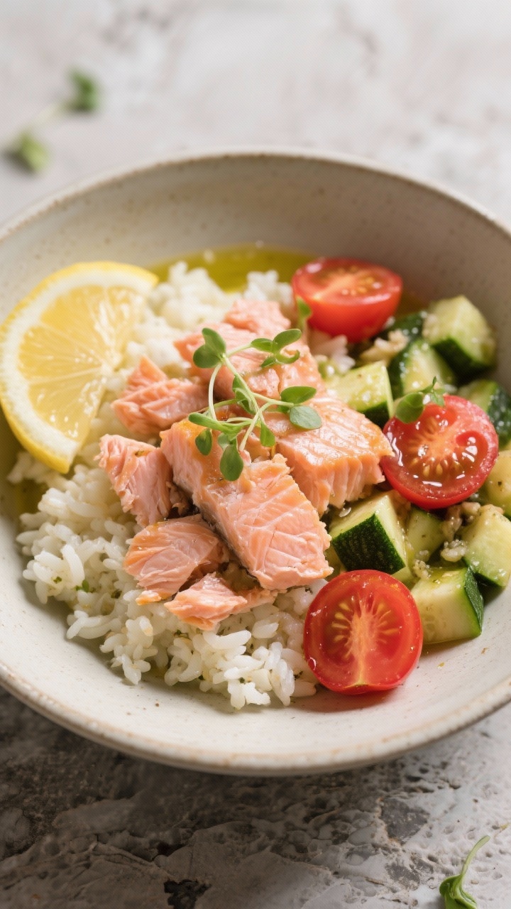 Overhead bowl presentation of a Savory Salmon and Veggie Breakfast Bowl: flaked cooked salmon (4 oz) arranged in chunky pink flakes over a bed of steaming cauliflower rice, with halved cherry tomatoes and diced zucchini sautéed in 1 tablespoon olive oil. Garnish with a squeeze-ready lemon wedge and a few microgreens for freshness. Neutral ceramic bowl on a textured stone surface; glistening olive oil sheen, vibrant reds and greens popping against the white cauliflower rice; clean, savory morning vibe.