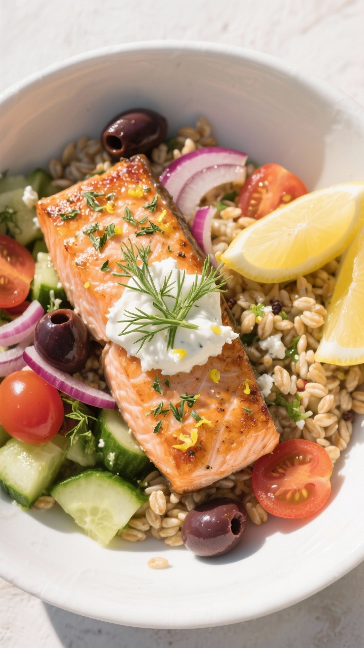 Overhead bowl shot: Greek salmon bowl that screams summer—roasted salmon portions with lemon zest and juice, dried oregano, garlic powder, sea salt, black pepper over a bed of fluffy cooked farro. Add classic Greek fixings: diced cucumber, cherry tomatoes, Kalamata olives, red onion, and a dollop of tangy yogurt-feta sauce. Finish with fresh dill and lemon wedges. Sunlit scene, white ceramic bowl, crisp colors and vibrant Mediterranean mood.