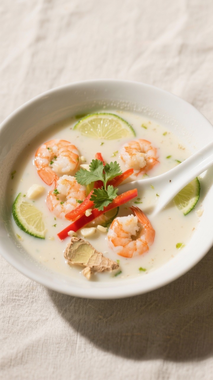 Overhead bowl shot of coconut-lime shrimp soup: plump shrimp in a light, aromatic broth with coconut milk and fresh lime, flecked with minced garlic and ginger; thin red bell pepper strips and zucchini half-moons floating, cilantro and lime zest garnish; served in a wide white bowl with a porcelain soup spoon, soft diffused light and a pale linen for a comforting, spa-like mood.