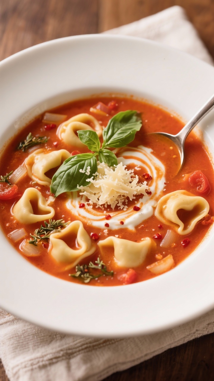 Overhead bowl shot of creamy tomato basil tortellini soup: cheese tortellini swimming in a velvety tomato base infused with sautéed onion, garlic, dried basil, oregano, and a hint of crushed red pepper flakes; swirls of cream, torn fresh basil leaves on top, and grated Parmesan dusting. Presented in a wide white bowl with a ladle and a linen napkin, warm inviting lighting that emphasizes rich red-orange tones.