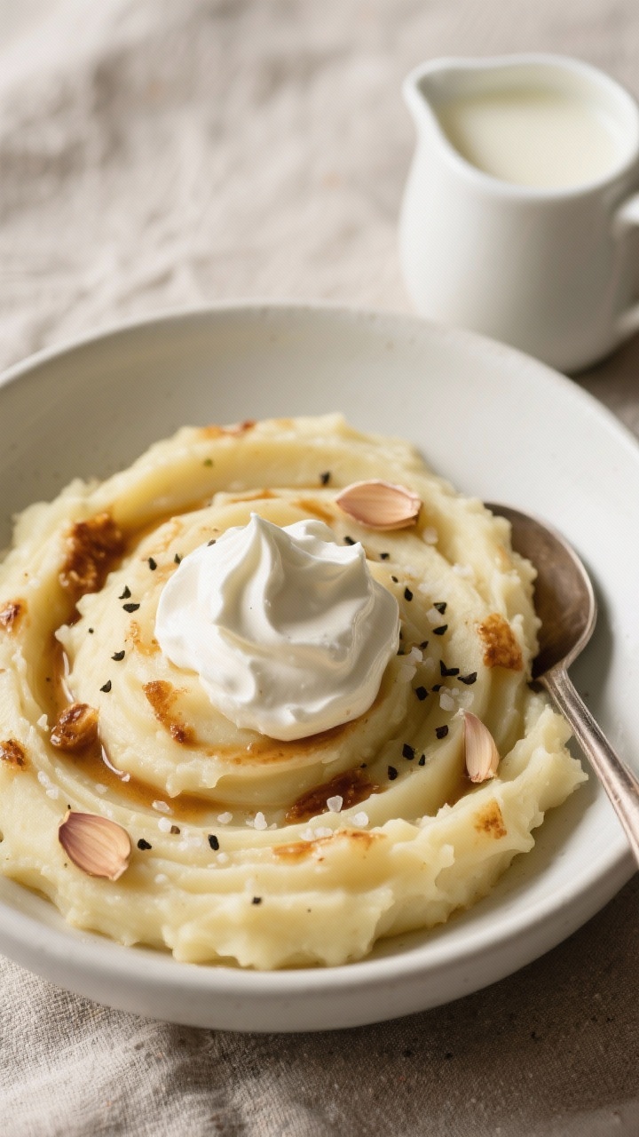 Overhead bowl shot of garlicky brown butter mashed potatoes swirled with visible ripples, dotted with browned milk solids from nutty butter, whispers of smashed garlic; a dollop of crème fraîche folded in, creating luscious, creamy peaks; warm milk in a small pitcher to the side; served in a matte white bowl on a linen, sprinkled with black pepper and sea salt, spoon mark showing velvety texture.