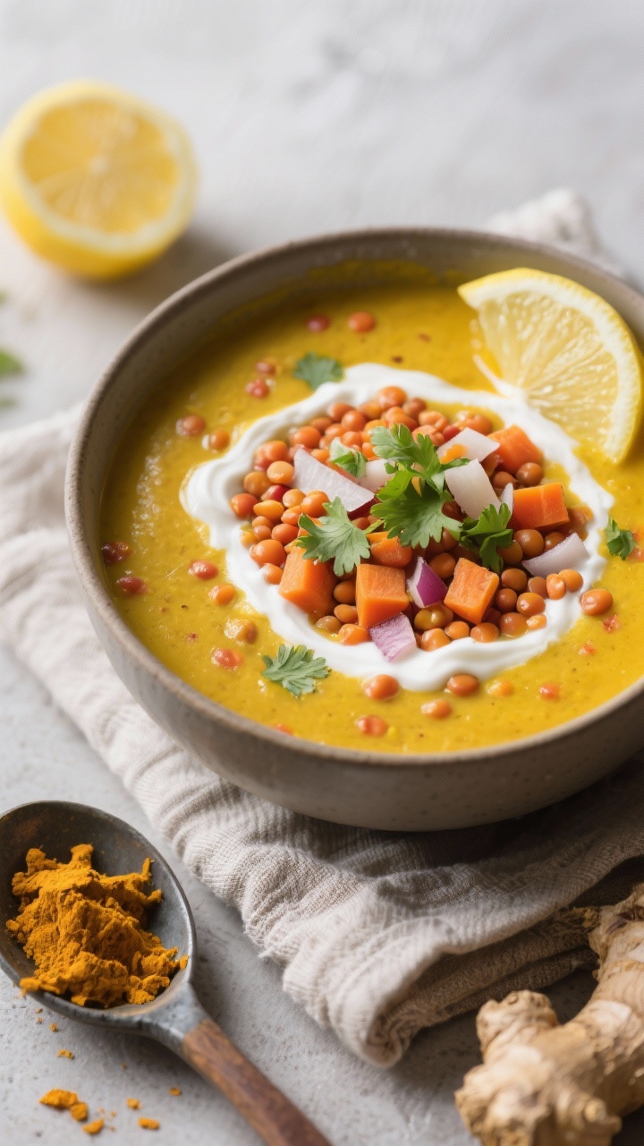 Overhead bowl shot of golden turmeric lentil soup with coconut and lemon, vibrant saffron-yellow broth with tender red lentils, diced carrots and onion, grated ginger, cumin and coriander specks, glossy finish from coconut milk; garnished with a swirl of coconut cream, chopped cilantro, and a lemon wedge on the rim; served on a textured linen with a small dish of turmeric and ginger nearby.