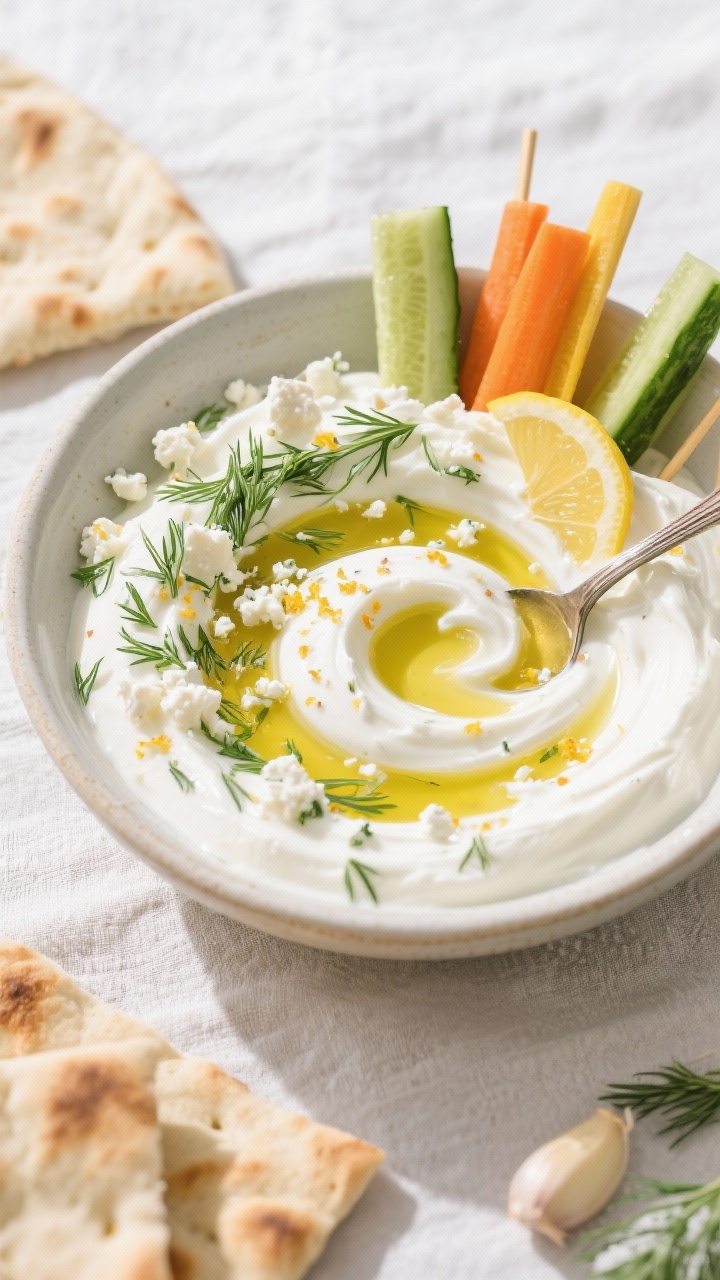 Overhead bowl shot of herby Greek yogurt dip: thick full-fat yogurt blended with crumbled feta, olive oil, lemon juice and zest, grated garlic, and chopped fresh dill, swirled with a spoon and finished with an olive oil pool, extra dill and lemon zest on top; surrounded by colorful dippers (cucumber, carrots, pita) on a light linen; bright, clean, fresh mood.