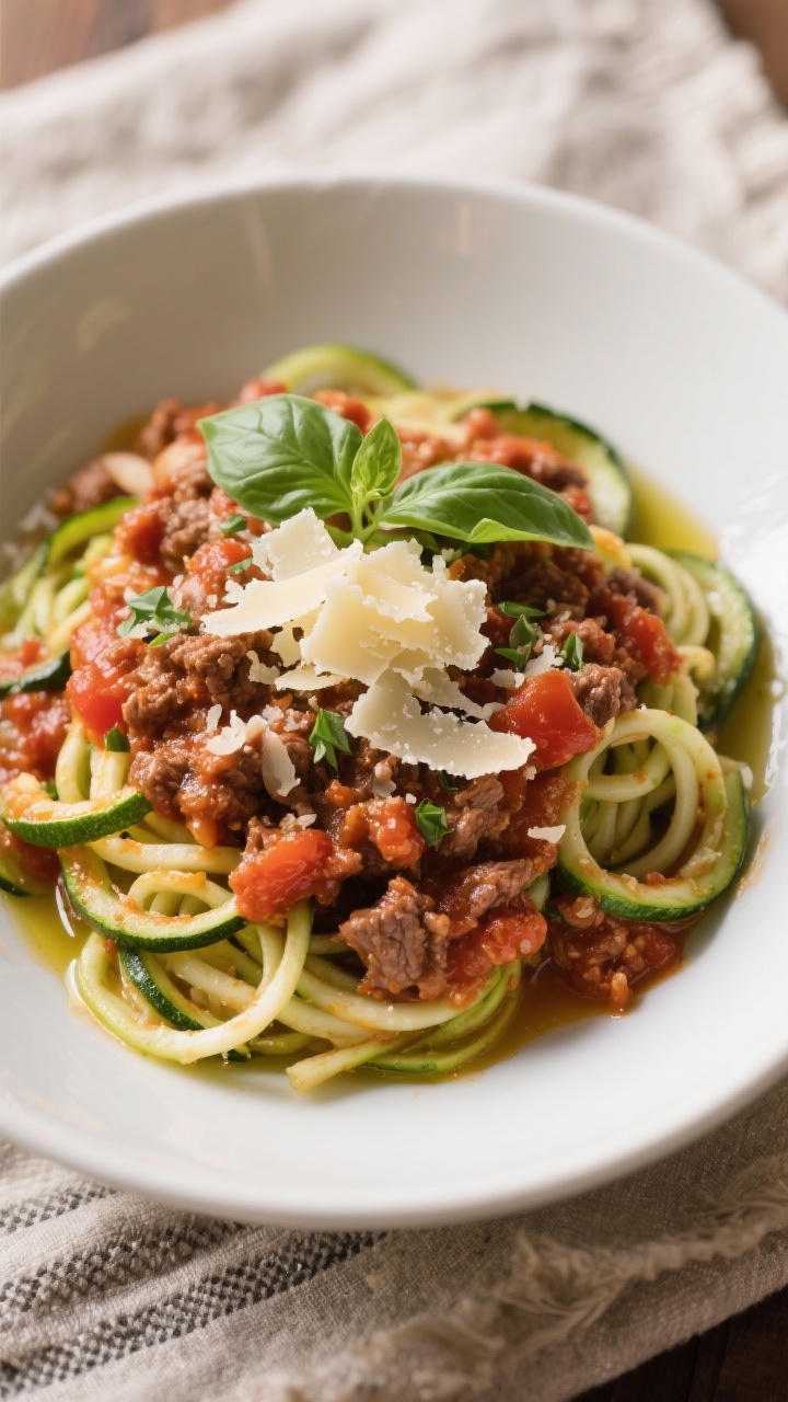 Overhead bowl shot of Italian zoodle Bolognese: spiralized zucchini “pasta” twirled and topped with a rich tomato-beef ragù simmered with onion, garlic, crushed tomatoes, and Italian herbs; shower of freshly grated Parmesan, torn basil leaves, and a drizzle of extra-virgin olive oil; served in a wide white bowl on a rustic linen; warm, inviting Italian mood, visible meat sauce texture and zoodle gloss.
