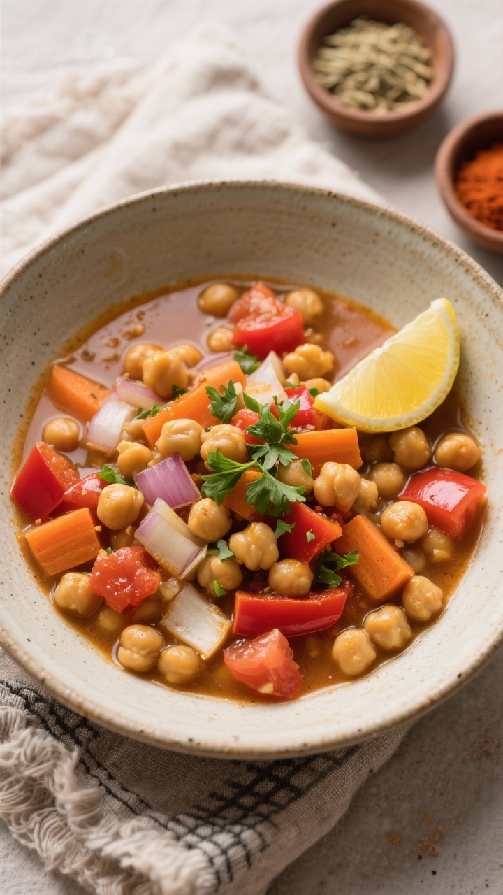 Overhead bowl shot of Moroccan-spiced chickpea stew: chickpeas, diced onion, carrots, red bell pepper, minced garlic, diced tomatoes, and light broth simmered into a thick, cozy stew; warm, earthy tones with visible spices; served in a wide ceramic bowl with a lemon wedge and a sprinkle of chopped parsley; background props include small bowls of cumin and paprika on a textured linen.