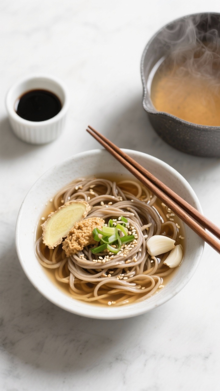 Overhead bowl shot of quick miso-ginger noodle soup: tangle of soba or udon in a clear, light broth infused with thinly sliced fresh ginger and smashed garlic; miso dissolved silky in the liquid, soy sauce adding depth; garnished with scallions and sesame, with chopsticks resting across the bowl; nearby: a small tub of white miso, soy sauce dish, and a pot of steaming broth; clean, minimalist, restorative mood.