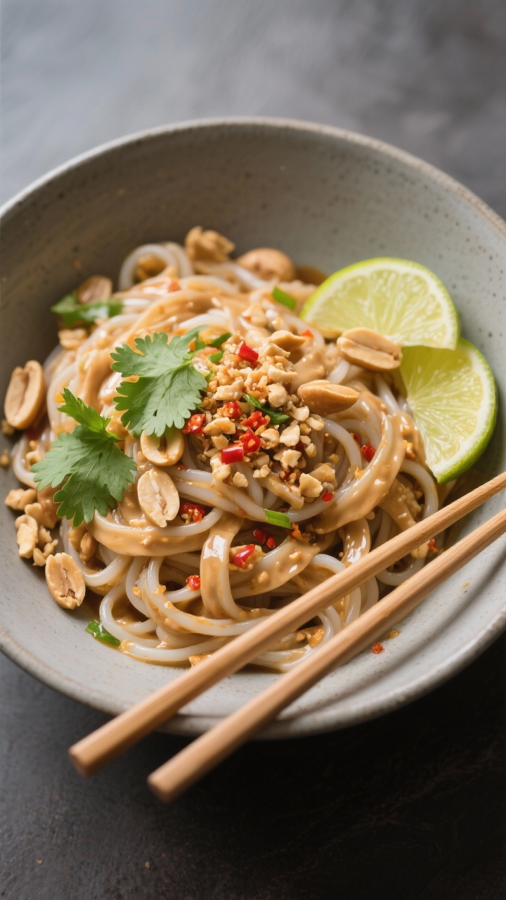 Overhead bowl shot of Thai-inspired peanut noodles: rice noodles coated in a creamy peanut butter sauce with soy, lime juice, maple/honey, rice vinegar, and grated aromatics, topped with crunchy elements (crushed peanuts), lime wedges on the rim, a few cilantro leaves and chili flakes for color, chopsticks resting across a matte ceramic bowl.
