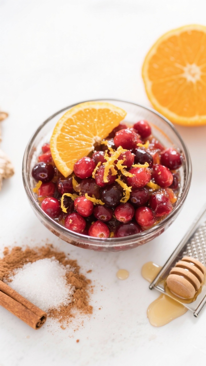 Overhead bright, zesty ingredient-reliesh scene: a glass bowl of Cranberry-Orange Relish, ruby cranberries coarsely chopped with visible zest and segments of a large navel orange, tiny threads of fresh grated ginger, and a dusting of ground cinnamon. Granulated sugar and honey/maple syrup drizzled nearby, with a halved orange and a microplane showing fresh zest. High-key lighting, crisp and vibrant color palette to convey freshness and tang.