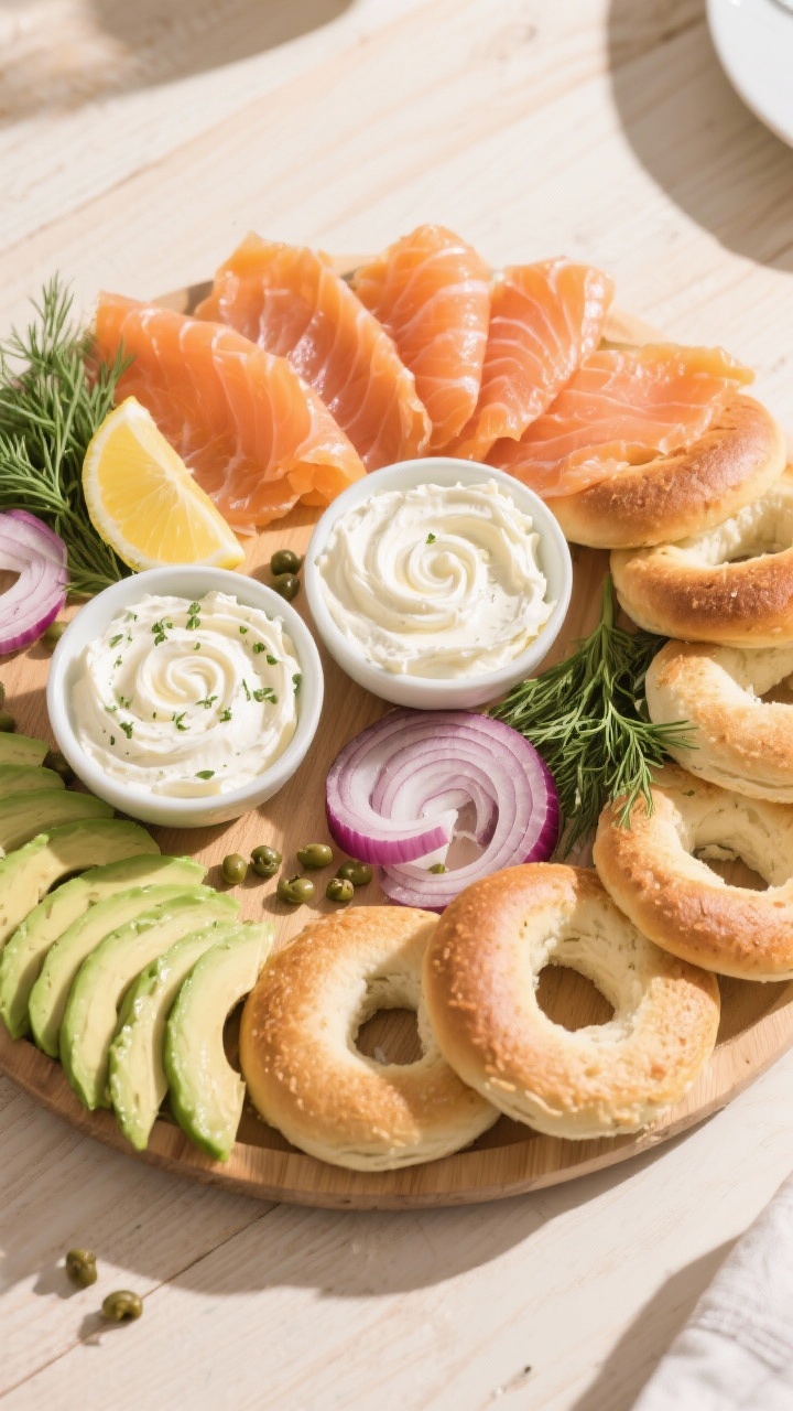 Overhead brunch board for lox and bagels with morning glow on a pale wood surface: fanned slices of smoked salmon (lox), whipped cream cheese and herbed cream cheese in separate bowls with swirls, halved mini bagels (or sliced full-size) arranged in a ring, avocado slices, ultra-thin red onion crescents, capers scattered, lemon wedges, and fresh dill sprigs. Soft morning light, gentle shadows, crisp details on salmon translucency and whipped cream cheese texture.