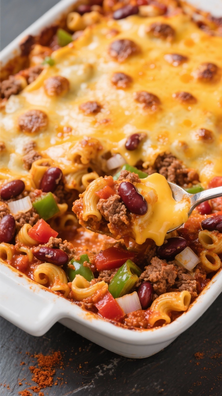 Overhead casserole shot of chili mac with hidden beans and melty cheddar: elbow macaroni baked in a chili base of ground beef, diced onion, green bell pepper, minced garlic, tomato paste, chili powder, and ground cumin, with tender beans tucked throughout. The top is blanketed in molten cheddar with browned bubbly spots. A serving spoon lifts a cheesy scoop to reveal the saucy interior; vibrant reds, oranges, and yellows.