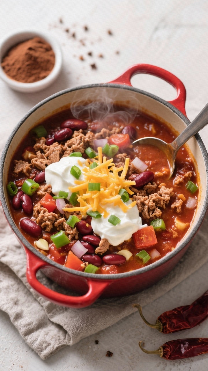 Overhead chili pot of Red Bean Chili with Lean Turkey and Cocoa: rich brick-red stew featuring lean ground turkey, red kidney beans, crushed tomatoes, diced onion, green bell pepper, minced garlic, and a subtle cocoa depth; topped with dollops of Greek yogurt or sour cream, chopped scallions, and shredded cheddar; ladle resting on the rim, small dish of cocoa powder and chili spices nearby, hearty, comforting vibe with visible steam.