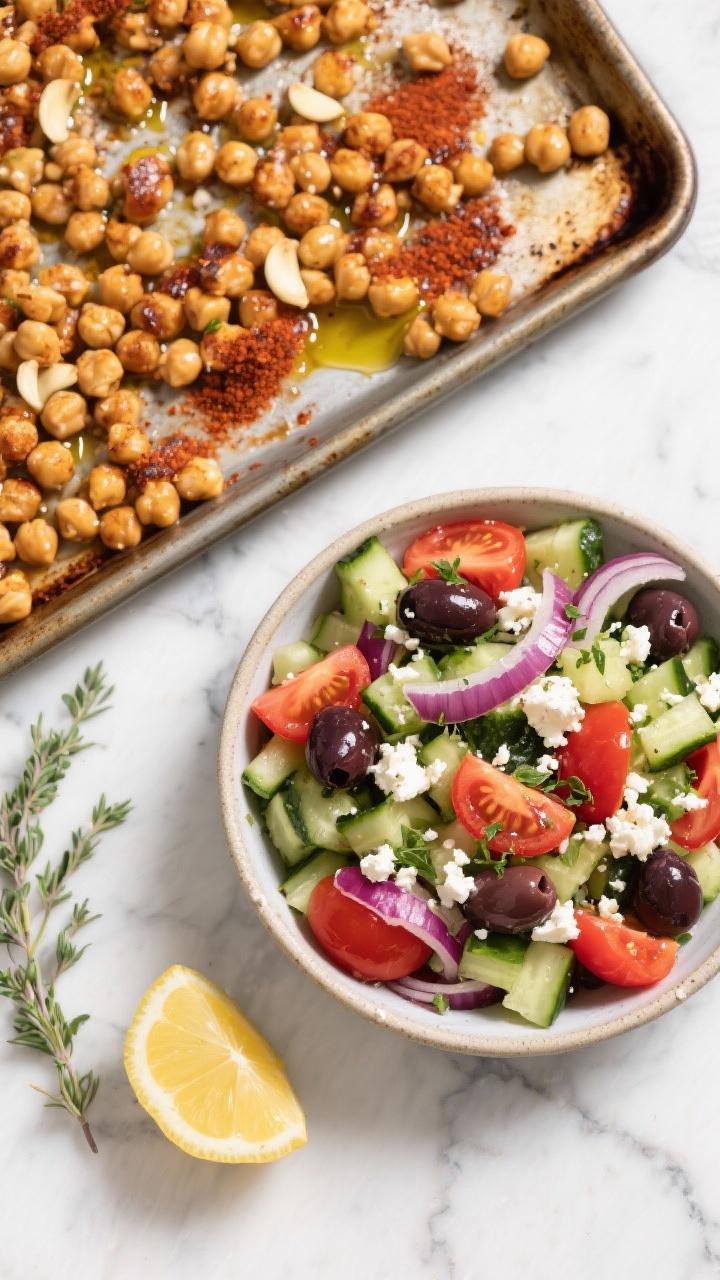 Overhead chopped “Greekish” salad spread with crispy chickpeas: sheet pan of roasted chickpeas tossed with olive oil, smoked paprika, garlic powder, and salt alongside a large bowl of chopped English cucumber, cherry tomatoes halved, red onion slivers, kalamata olives, and herby feta crumbles; drizzle of olive oil and oregano, lemon wedges nearby; crunchy textures emphasized, vibrant reds/greens/purples, clean marble backdrop.