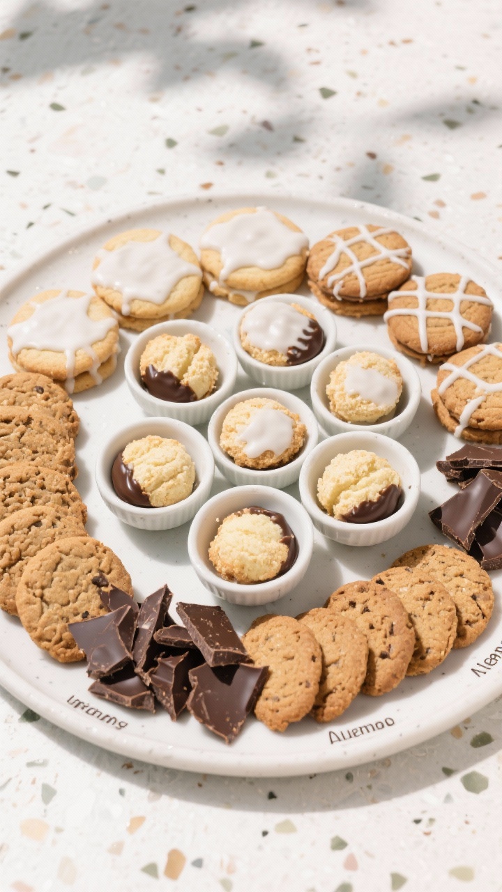 Overhead clean, modern gluten-free platter: 16 almond flour sugar cookies lightly frosted, 12 flourless peanut butter cookies crosshatched, 12 coconut macaroons dipped in chocolate for drama, 16 gluten-free ginger snaps, shards of dark chocolate bark; labeled small bowls, white stoneware on a light terrazzo surface, bright natural light to signal inclusivity and freshness.