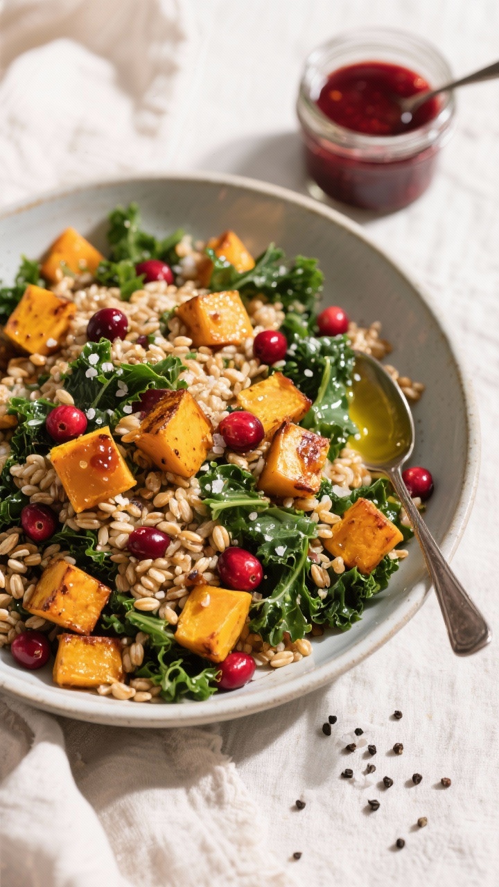 Overhead composed harvest farro salad in a wide shallow bowl: nutty farro grains tossed with roasted cubes of delicata or acorn squash, torn kale, and a ruby cranberry vinaigrette glistening over the greens; olive oil droplets catching light, flecks of kosher salt and black pepper; a small jar of cranberry vinaigrette with a spoon beside; bright, fresh styling on a light linen.