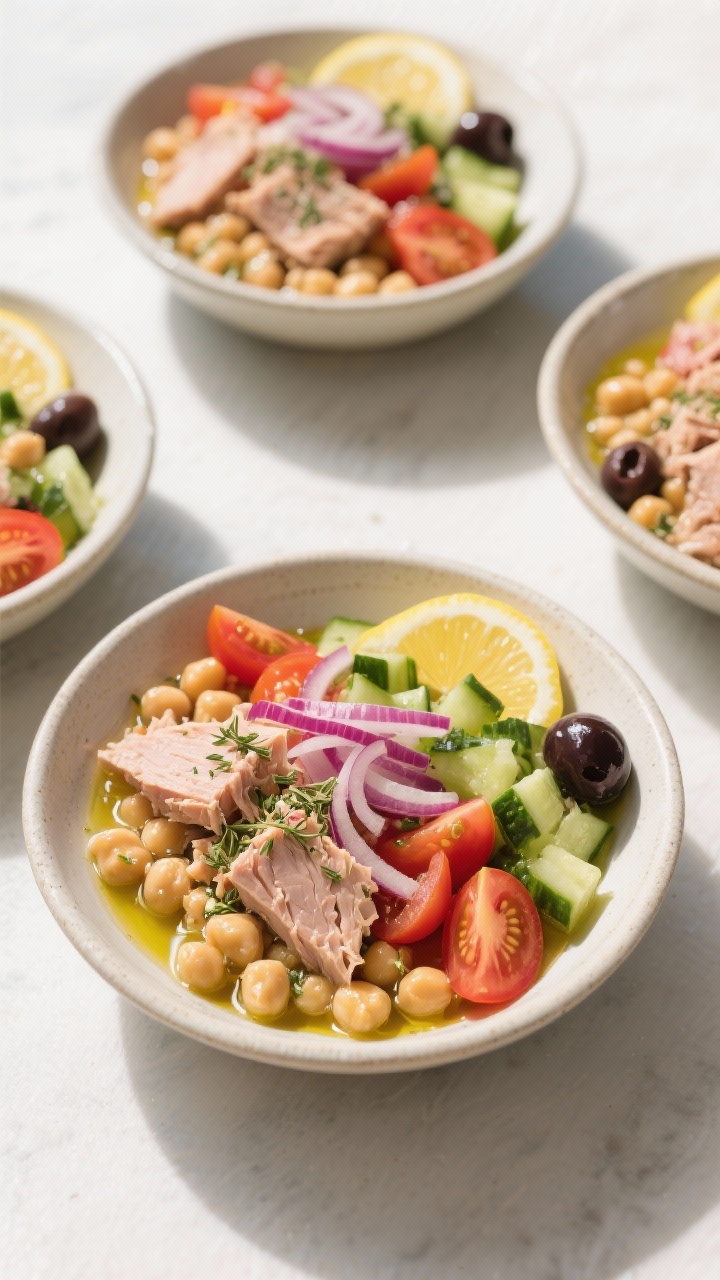 Overhead composed Mediterranean tuna and chickpea salad bowls: flaked tuna in water, chickpeas, diced cucumber, halved cherry tomatoes, finely sliced red onion arranged in colorful sections; lemony olive oil gloss, sprinkled dried oregano; served in shallow bowls with lemon wedges and a few kalamata olives as accent; bright, fresh daylight.
