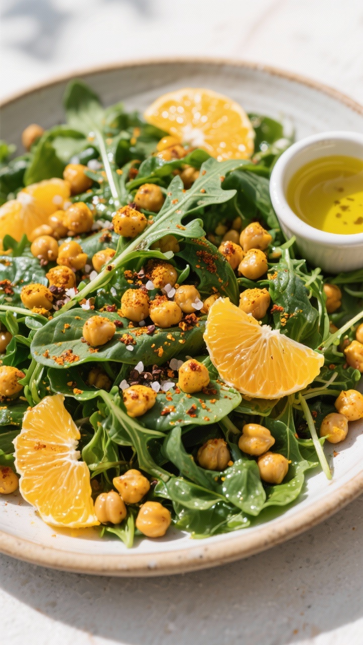 Overhead composed salad of citrus-turmeric chickpea power salad: mixed greens (spinach, arugula) piled high, turmeric- and cumin-dusted chickpeas with a hint of smoked paprika, lightly crisped; citrus segments and zest accents, drizzle of olive oil; salt and pepper flakes visible; plated in a wide shallow ceramic bowl with a small ramekin of dressing on the side; bright, sunlit scene with vivid golden chickpeas against deep greens.